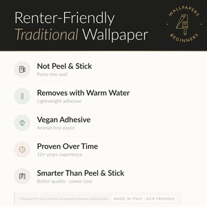 May include: A cream-colored graphic with the text "Renter-Friendly Traditional Wallpaper." Features include "Not Peel & Stick," "Removes with Warm Water," and "Vegan Adhesive." The text also states "Proven Over Time" and "Smarter Than Peel & Stick."