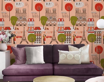 Paris Wallpaper with Eiffel Tower, Romantic Wall Decor in pink