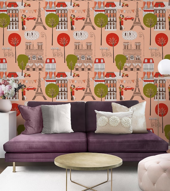 Paris Wallpaper with Eiffel Tower, Romantic Wall Decor in pink