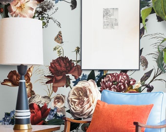 Floral Overlay Dutch Wallpaper for Baroque Decor or Accent Wall, White Peonies Botanical Flowers