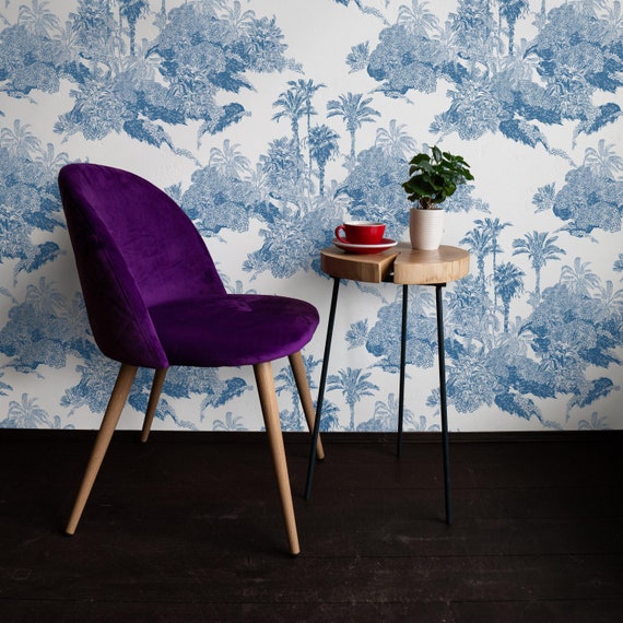 Tropical Landscape Toile wallpaper in Blue and White, Palm Tree Modern Beach House Decor, Toile Removable Wallpaper