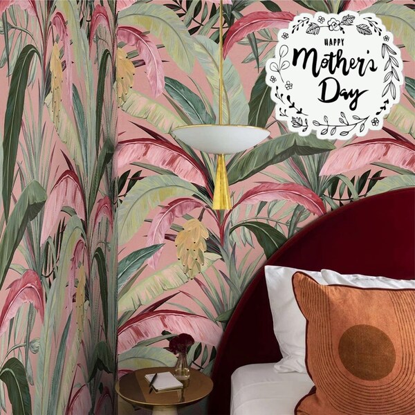 Green Banana Forest on Blush Pink - Bestselling Removable Wallpaper, Banana Leaves Jungle Wallpaper, Tropical Rainforest Wall Decor