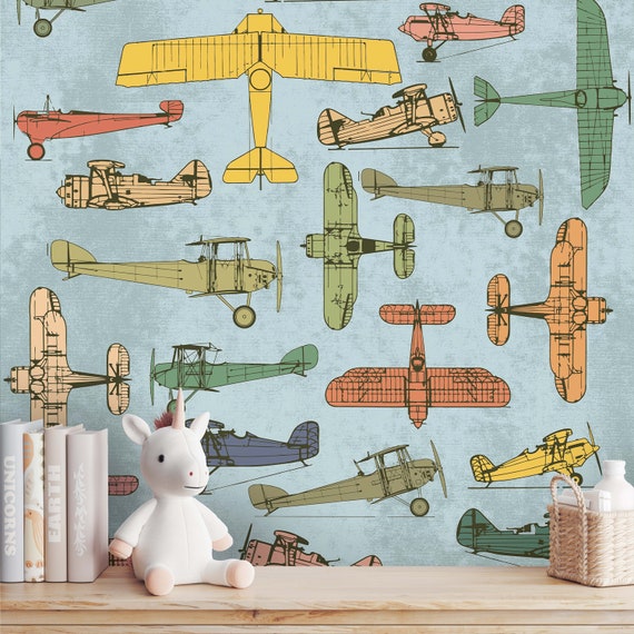 Whimsical Vintage Airplanes Wallpaper - Bright Playful Decor for Kids Rooms & Nurseries, Fun Childrens Wall Art
