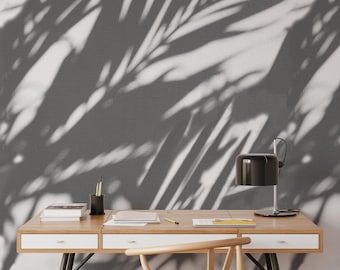 Gray Botanical Shadow Wallpaper, Extra Large Minimal Wall Mural, Leaf Silhouette Pattern Decor