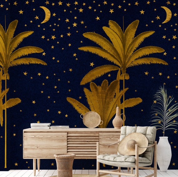 Golden Palm Trees Night Sky Wallpaper, Starry Tropical Decor, Arabian Nights Art Palm Tree Wall Decor