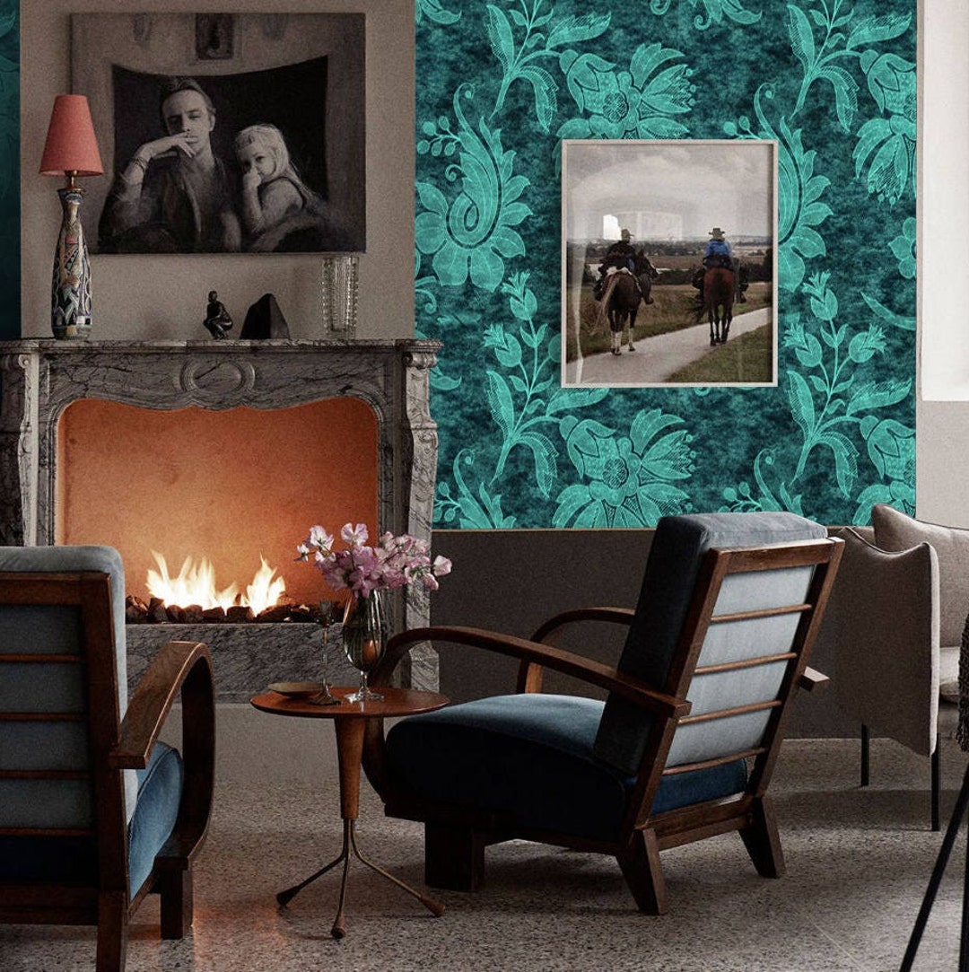 Classic Decor Turquoise Damask Wallpaper Antique Victorian - Etsy Classic Decor Turquoise Damask Wallpaper Antique Victorian - Etsy