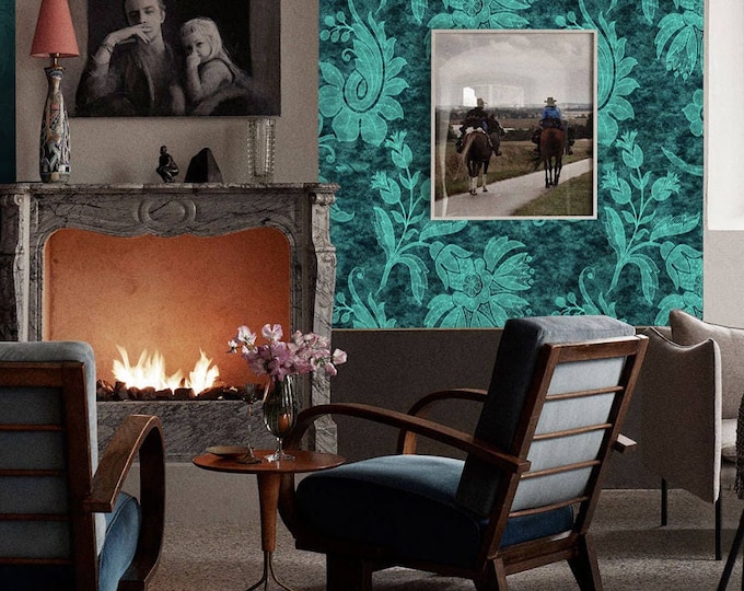 Classic Decor Turquoise Damask Wallpaper, Antique Victorian fabric texture