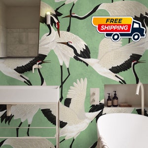 Green Herons Wallpaper, Luxury Wallpaper with Vintage Asian Crane Birds, Contemporary Design Wall Decor Removable Wallpaper