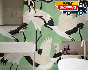 Green Herons Wallpaper, Luxury Wallpaper with Vintage Asian Crane Birds, Contemporary Design Wall Decor Removable Wallpaper