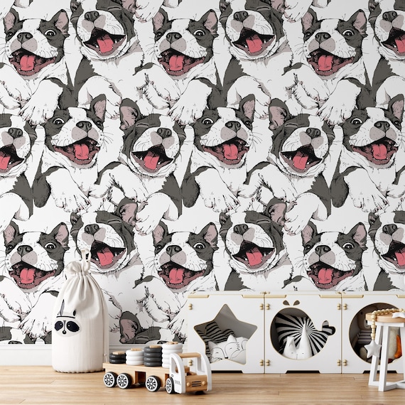 Happy Puppies Dog Wallpaper Funny Dogs Wall Art Etsy