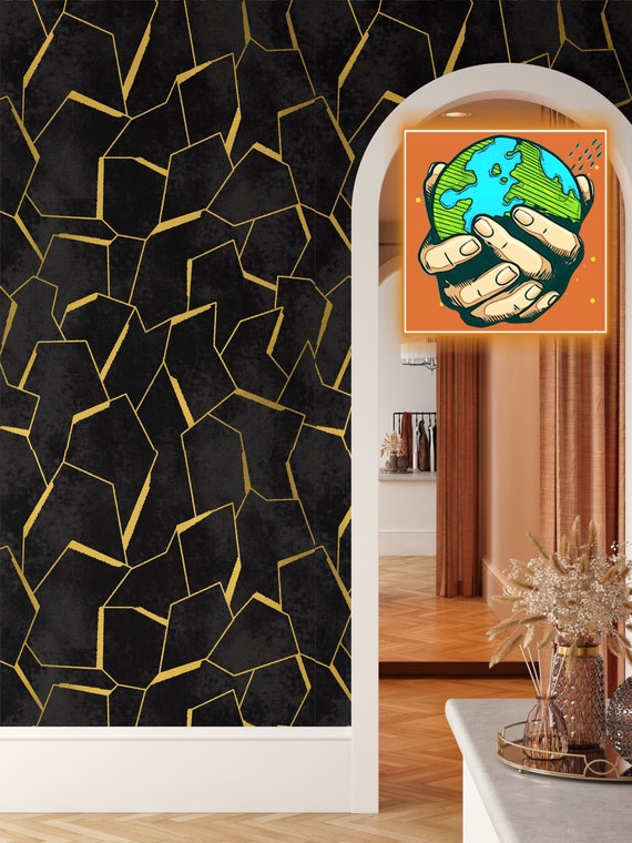 Minimalist Pattern Black and Gold Modern Wallpaper, Abstract Lines Geometric Simple Stripes Minimal Wall Art