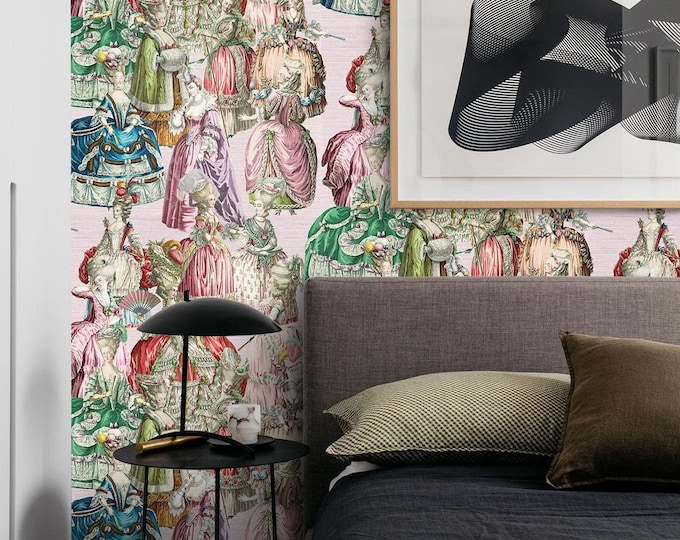 Marie Antoinette Rococo Wallpaper with Old Fashioned Dress, French Wallpaper in Victorian Style for French Decor, Versailles Wallpaper