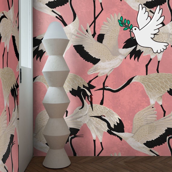 Pink Chinoiserie Heron Wallpaper, Japanese Crane Asian Wall Art, Elegant Heron Flight Wall Decor