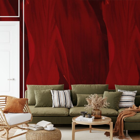 Fluttering Veils Red Wallpaper for a Dreamy Space, Delicate Drapery Wallpaper, Air Fabric Folds Wallpaper