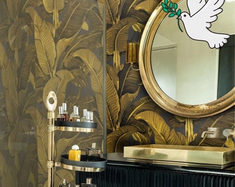 Gold Banana Leaves Wallpaper, Golden Palm Tropical Wall Art for Tiki Decor