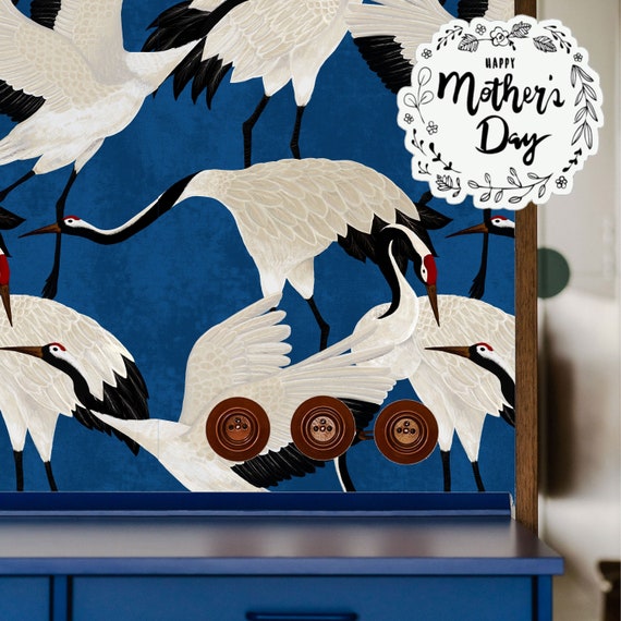 Blue Asian-Inspired Wallpaper: Elegant Cobalt Heron & Crane Decor | Asian-Inspired Decor