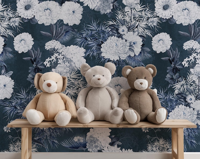 Elegant Navy Floral Wallpaper | Large White Chrysanthemums & Peonies | Sophisticated Botanical Wall Decor