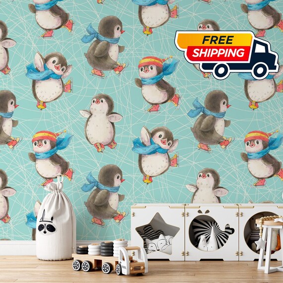 Baby Penguins Wallpaper, Kids Nursery Watercolor Wall Decor, Cute Animal Nordic Nursery with Penguin