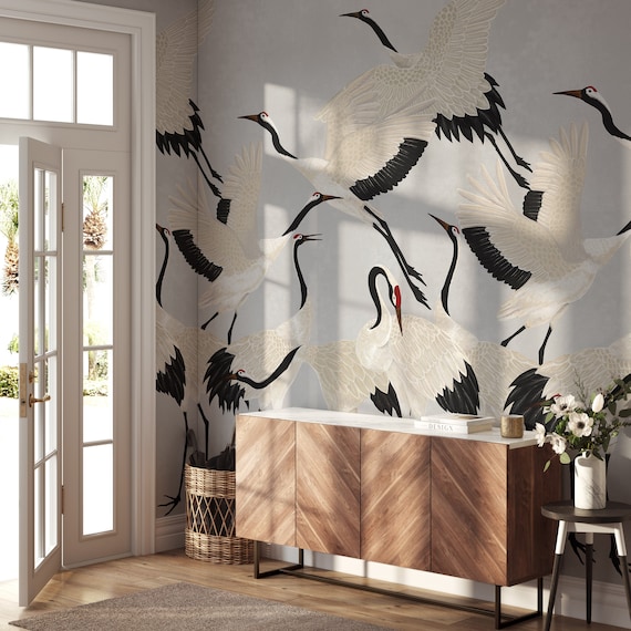 Gray Heron Print Wallpaper, Crane Wallpaper, Removable Wallpaper, Elegant Crane Dance Wallpaper, Graceful Bird Design
