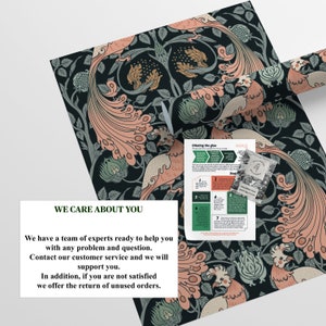 May include: A black and green patterned wallpaper roll with a pink and orange bird design. The text "WE CARE ABOUT YOU" is on a white rectangle. The text below reads "We have a team of experts ready to help you with any problem and question. Contact our customer service and we will support you. In addition, if you are not satisfied we offer the return of unused orders."
