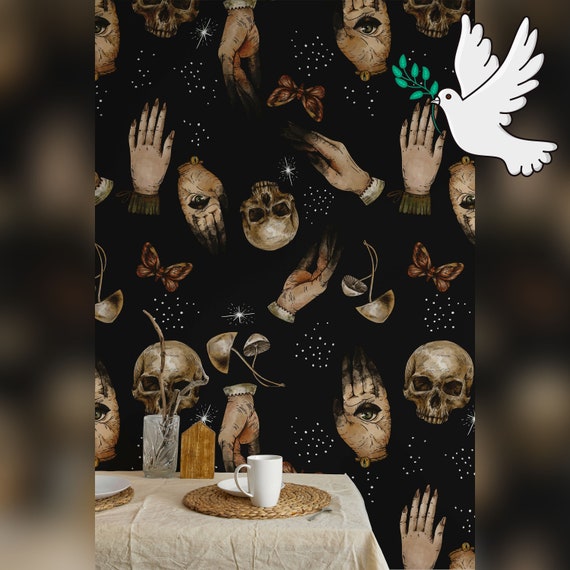 Gothic Wallpaper with Skull and Hands, Dark Victorian Macabre Art