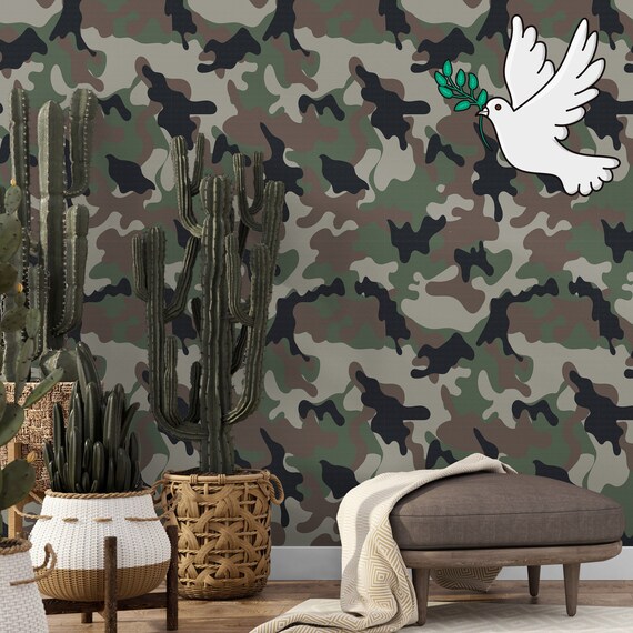 Military Camouflage Wall Mural, Abstract Army Green Camo Wallpaper for