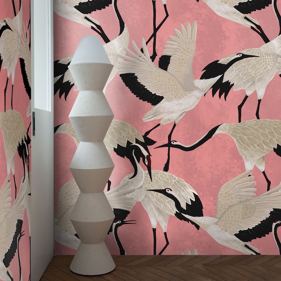 Pink Chinoiserie Heron Wallpaper, Japanese Crane Asian Wall Art, Elegant Heron Flight Wall Decor