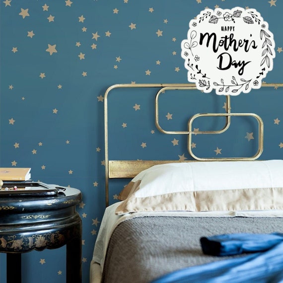 Blue and Gold Stars Wallpaper, Baby Nursery Golden Star Wall Decor with soft color palette.
