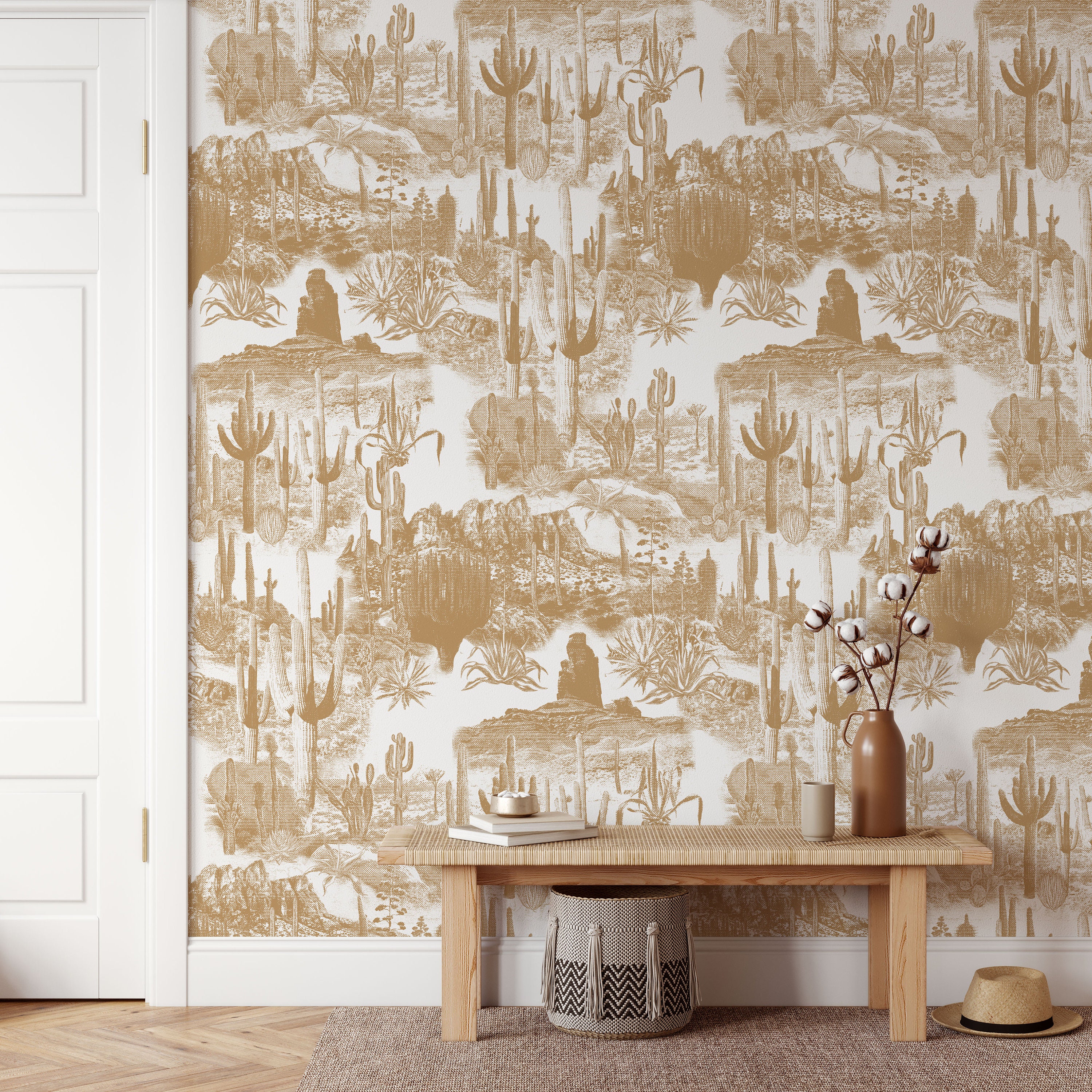 Desert Wallpaper with Cactus Print Engraved Design, Beige and White Wall Art for Modern Minimalist Decor Desert Wallpaper with Cactus Print Engraved Design, Beige and White Wall Art for Modern Minimalist Decor