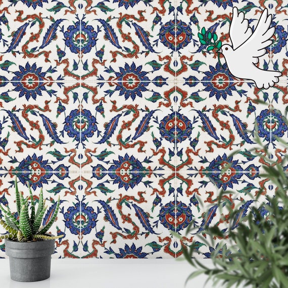 Talavera Tile Wall Decor, Kitchen Removable Wallpaper with Blue and Red Texture