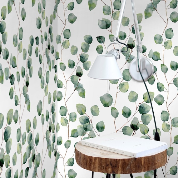 Leaf Eucalyptus Green Boho Watercolor Temporary Wallpaper,  Little Leaf wall Decor