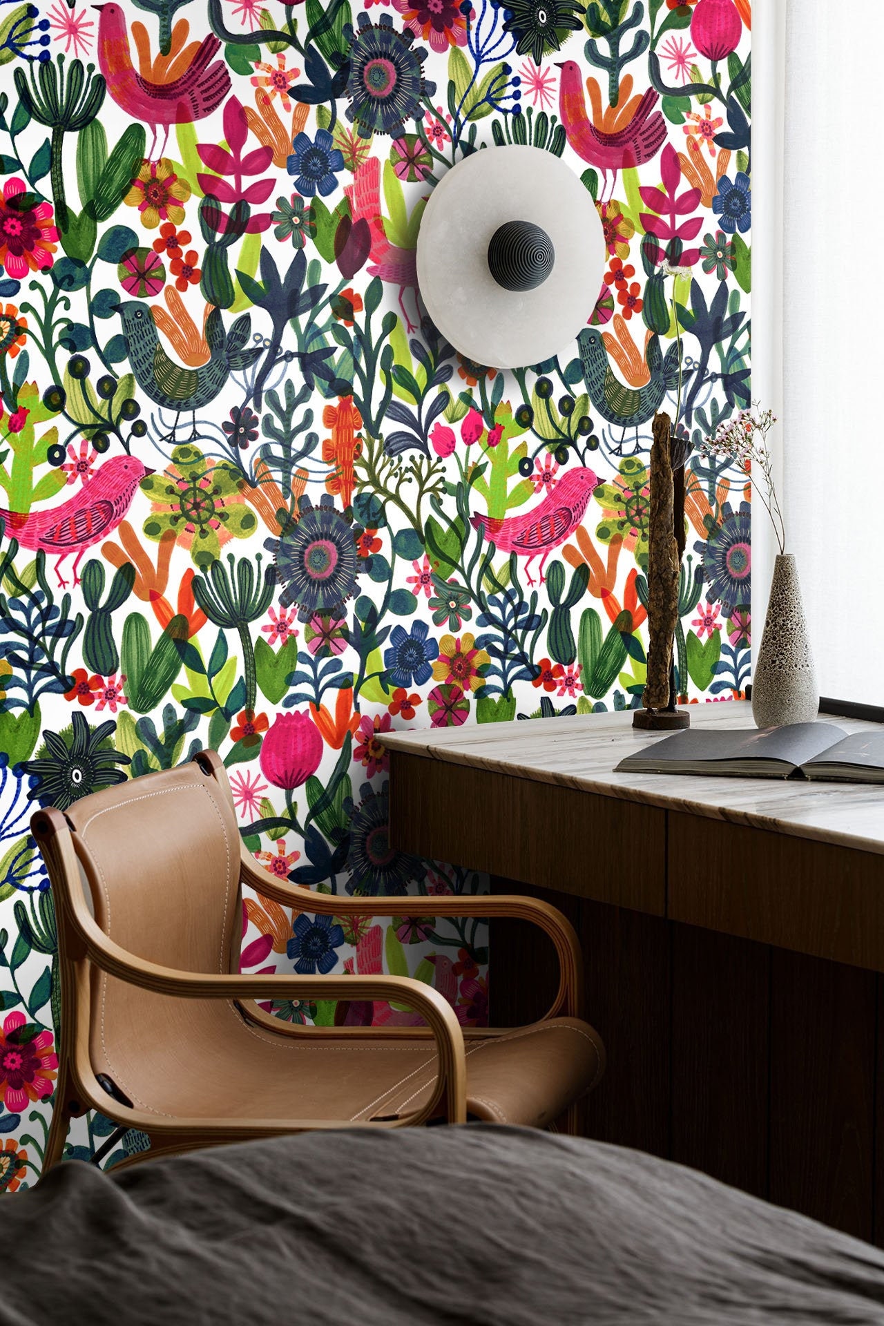 Colorful Botanical Print Bird Wallpaper, Home Office