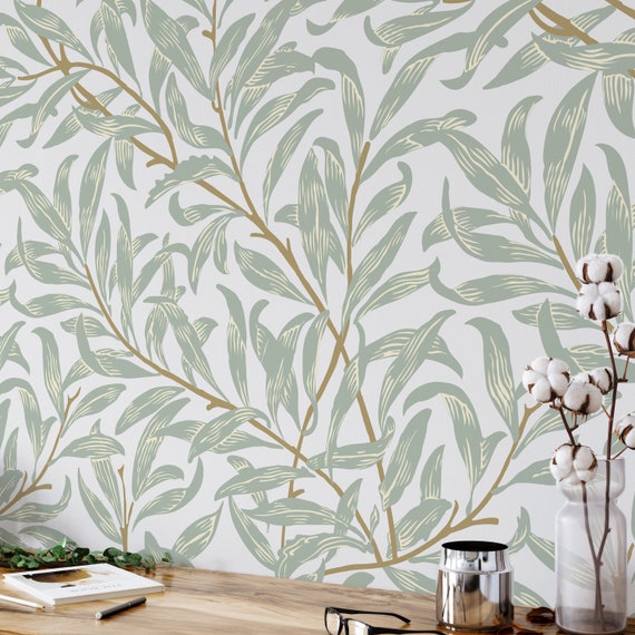 Arts and Crafts Foliage Wallpaper, Willow Bough Art Nouveau Cottagecore Decor, Vintage Nature Boho Wall Art