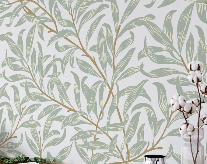 Arts and Crafts Foliage Wallpaper, Willow Bough Art Nouveau Cottagecore Decor, Vintage Nature Boho Wall Art