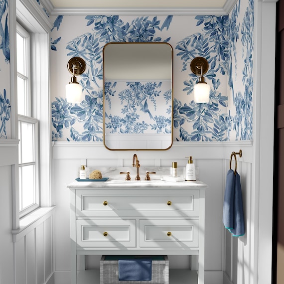 Antique French Wallpaper, Vintage Blue Flowers and Birds Victorian Wall Mural, Sparrow Blue and White Worcester Art Wall Decor