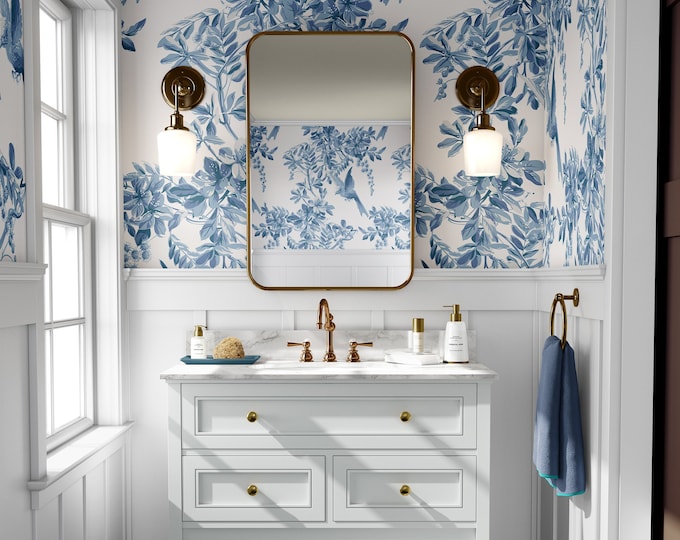 Antique French Blue and White Wallpaper, Vintage Toile Floral Birds Wallpaper, Victorian Bathroom Wall Decor, Blue Sparrow Mural