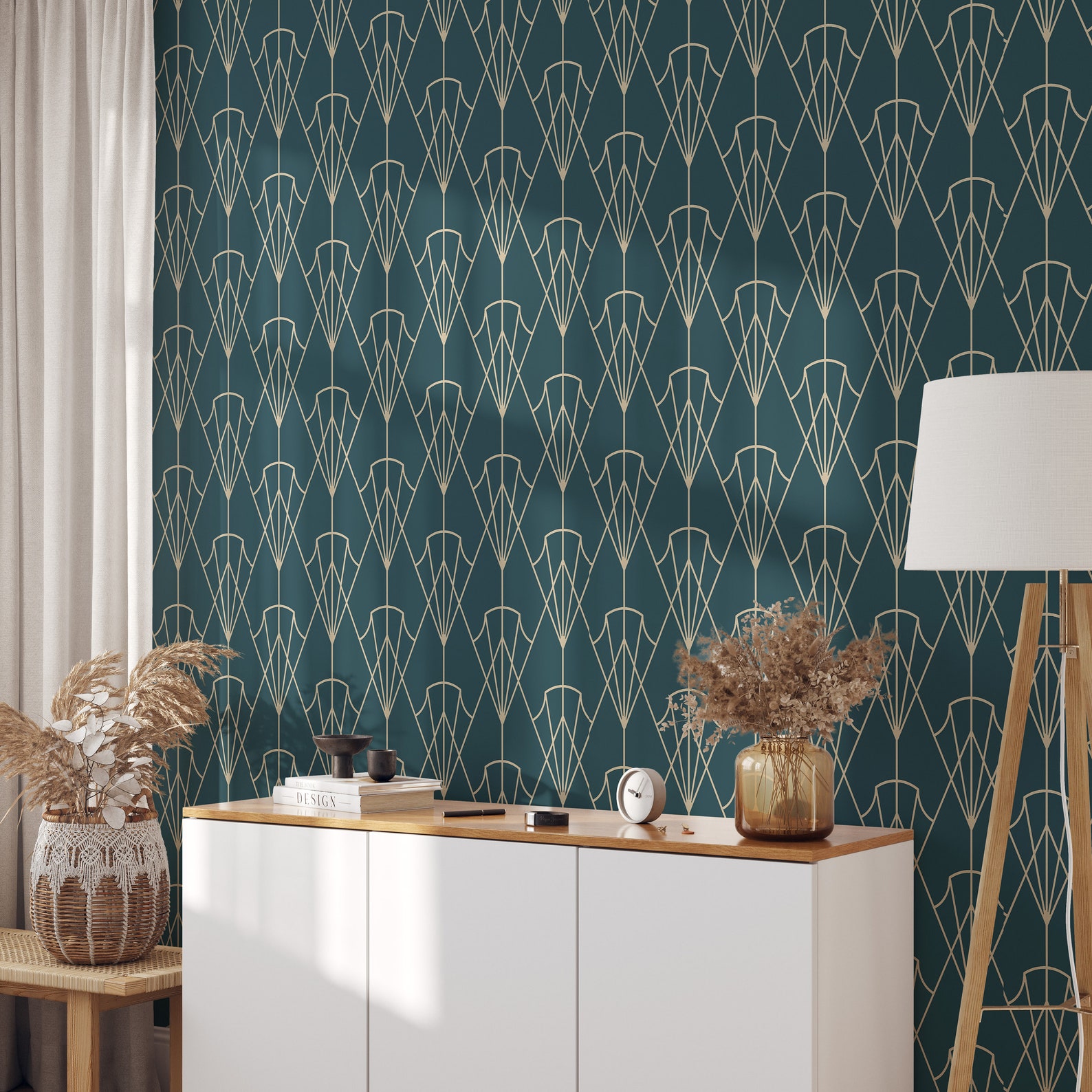Image of Carta da Parati Art Déco Anni 30 Verde Petrolio Carta Vegana 250x200cm 5,5mq