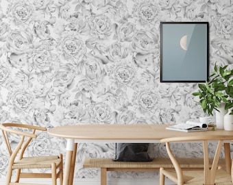 Black and White Monochromatic Floral Peony Wallpaper, Aesthetic Flowers Wall Decor