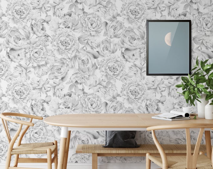 Black and White Monochromatic Floral Peony Wallpaper, Aesthetic Flowers Wall Decor