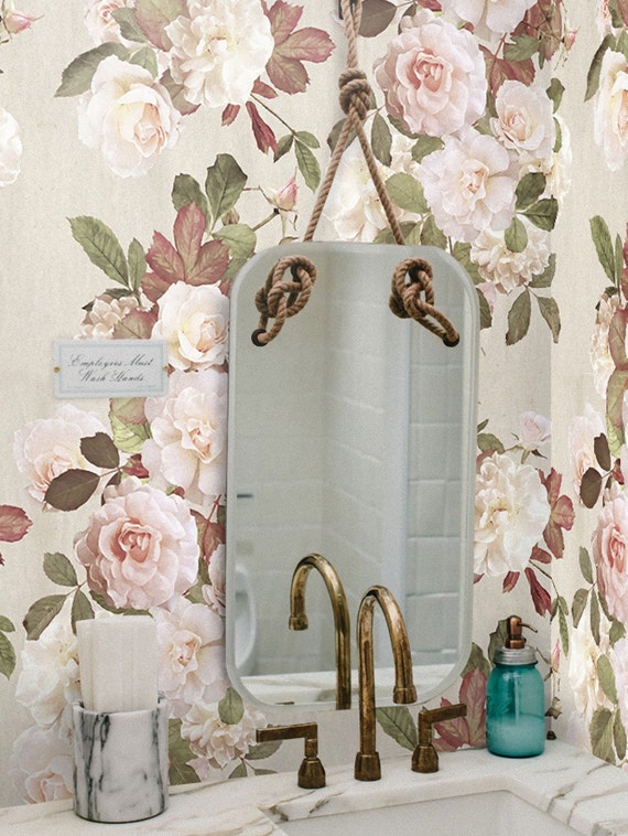 Vintage French roses wallpaper, Shabby Chic Wallpaper, Blush Pink Rose Temporary Wall Art, Country Parisian Wall Decor