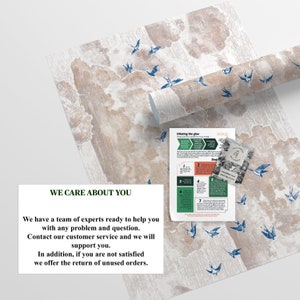 Pode incluir: Um rolo de papel de parede com fundo bege e um padr&atilde;o de p&aacute;ssaros azuis voando em um c&eacute;u nublado. O texto "WE CARE ABOUT YOU" &eacute; impresso em um ret&acirc;ngulo branco na parte inferior da imagem. O texto abaixo diz "We have a team of experts ready to help you with any problem and question. Contact our customer service and we will support you. In addition, if you are not satisfied we offer the return of unused orders."