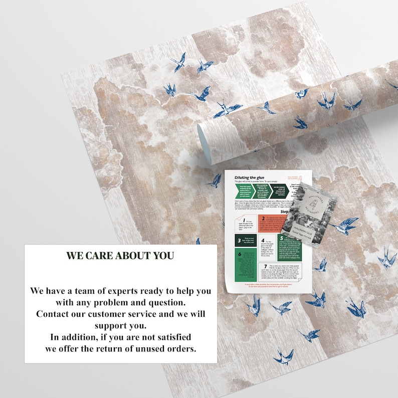 Pode incluir: Um rolo de papel de parede com fundo bege e um padr&atilde;o de p&aacute;ssaros azuis voando em um c&eacute;u nublado. O texto "WE CARE ABOUT YOU" &eacute; impresso em um ret&acirc;ngulo branco na parte inferior da imagem. O texto abaixo diz "We have a team of experts ready to help you with any problem and question. Contact our customer service and we will support you. In addition, if you are not satisfied we offer the return of unused orders."