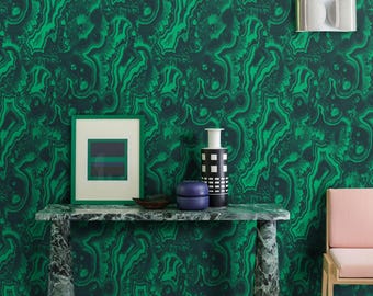 Malachite Section Geode Wallpaper, Green Black Marble Wall Art, Nature-Inspired Modern Accent Wall Decor