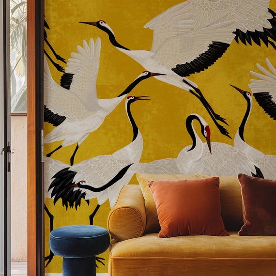 Golden Heron Print Wallpaper, Crane Wallpaper, Removable Wallpaper, Elegant Crane Dance Wallpaper, Graceful Bird Design