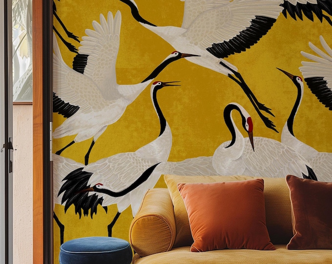 Golden Heron Print Wallpaper, Crane Wallpaper, Removable Wallpaper, Elegant Crane Dance Wallpaper, Graceful Bird Design