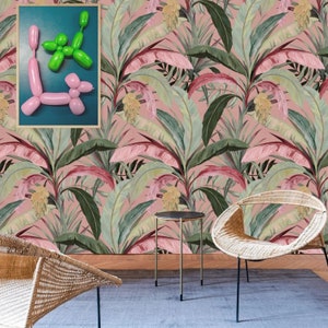 Banana Leaves Jungle Wallpaper, Tropical Rainforest Print Soft Pink Wall Decor, Banana Leaf Print Boho Chic Decor