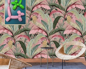 Green Banana Forest on Blush Pink - Bestselling Removable Wallpaper, Banana Leaves Jungle Wallpaper, Tropical Rainforest Wall Decor