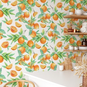 Watercolor Oranges Wallpaper, Orange Floral Wall Mural, Italian Kitchen Decor