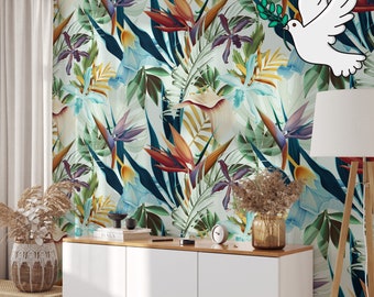 Bali Wallpaper with Tropical Print for Living Room Decor, Hawaiian flowers Colorful Floral Boho Wall Art