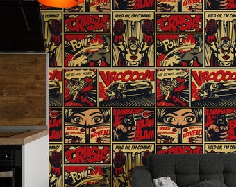 Comic Book Speech Wallpaper, Vintage Comics Pop Art Wall Art, Artistic Collage Retro Wall Decor